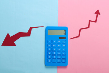 Wall Mural - Calculator with red growth and Fall arrow on pink blue background. The economic growth, and fall