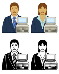 Wall Mural - set of court reporter, stenographer, law reporter vector icons male and female, with stenographic machine, isolated on a white background