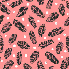 Wall Mural - Seamless pattern with leaves and berries. Graphic print with foliage, floral texture on a pink background. Drawing for fabric, greeting card, web site.