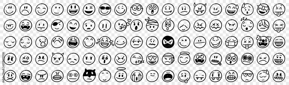 Doodle various emoji set - obrazy, fototapety, plakaty 