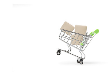 Online shopping and delivery service concept. Paper boxes in a shopping cart on Shopping cart, this image implies online shopping that customer order things from retailer sites via the internet.