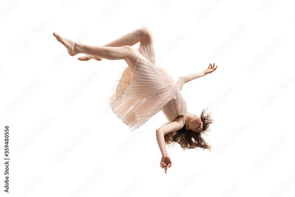 Mid-air beauty cought in moment. Full length shot of attractive young woman hovering in air and keeping eyes closed. Levitating in free falling, lack of gravity. Freedom, emotions, artwork concept. - obrazy, fototapety, plakaty 