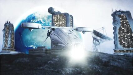 Wall Mural - Military space ship fly on moon. Moon colony. Earth backround. Realistic 4K animation.