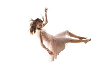 Mid-air Beauty Cought In Moment. Full Length Shot Of Attractive Young Woman Hovering In Air And Keeping Eyes Closed. Levitating In Free Falling, Lack Of Gravity. Freedom, Emotions, Artwork Concept.