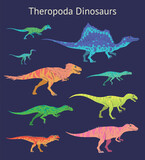 Fototapeta Dinusie - Set of theropoda dinosaurs. Colorful vector illustration of dinosaurs isolated on blue background. Side view. Theropods. Proportional dimensions. Element for your desing, blog, journal.