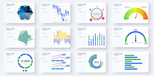 Great Set Infographics Charts, Graph. Social Marketing And Networking Visualization Templates Bundle. Colorful Info Graphics Diagram, Stock And Flow Charts. Modern Vector