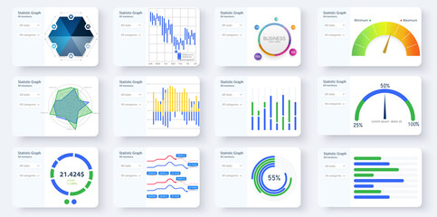 Great set Infographics charts, graph. Social marketing and networking visualization templates bundle. Colorful info graphics diagram, stock and flow charts. Modern vector