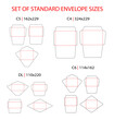 Envelope set standard types vector die cut template: DL, C6, C5, C4. Different shapes: commercial flap, side seam, baronial envelope. Vector black isolated circuit envelope, A6, A5, A4, DL dimensions.