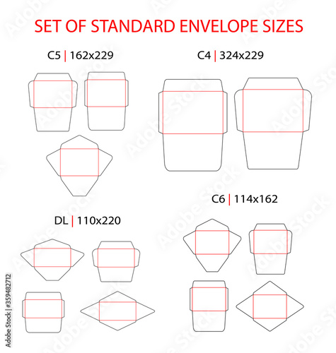 Fotomural Envelope set standard types vector die cut template: DL, C6, C5, C4