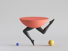 D Render, Abstract Minimal Surreal Design, Funny Contemporary Art. Colorful Geometric Shapes, Red Hemisphere With Black Human Model Legs Dance. Balance Concept