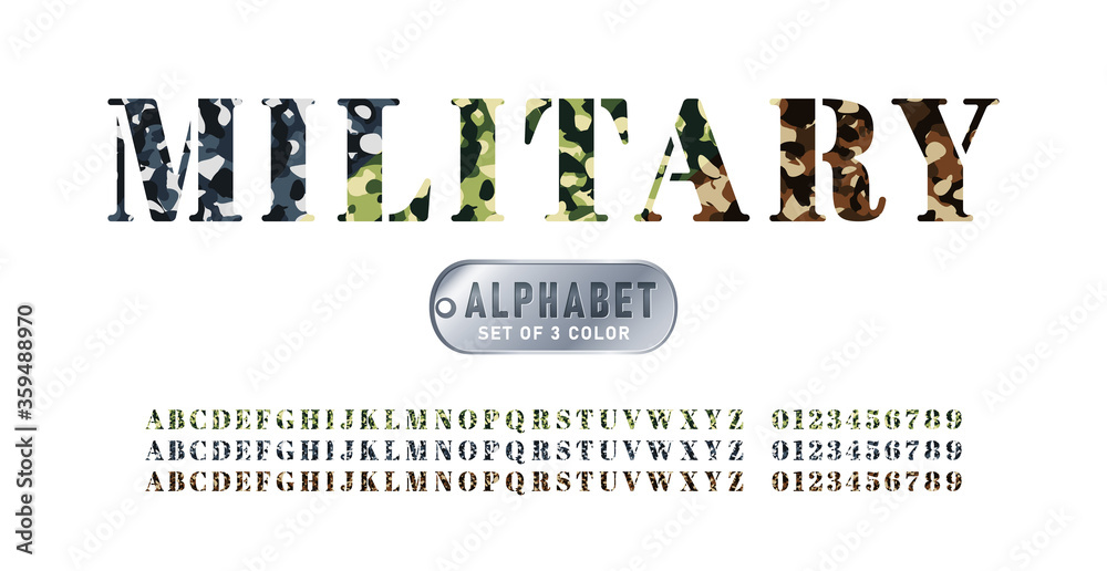 Set of military alphabets in 3 colors. Set of letter and numbers with ...