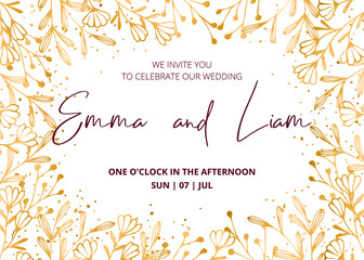 Wedding invitation card, save the date with golden flowers, leaves and branches.