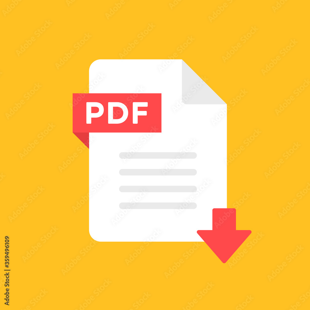 Download PDF icon. PDF file with down arrow symbol. Downloading document. Flat style design. Vector icon