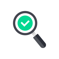 Poster - Magnifying glass icon and check mark symbol. Magnifier with round green checkmark. Flat style design. Vector icon