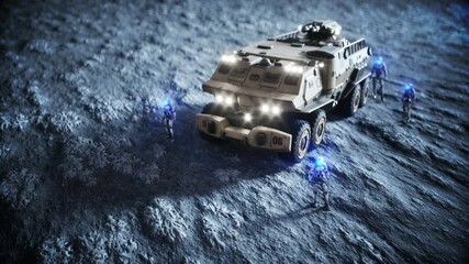 Canvas Print - military car on moon with robots. moon colony. earth backround. realistic 4k animation.