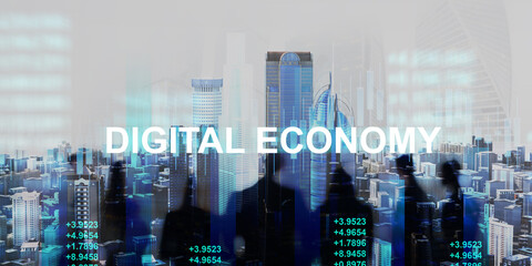 Poster - Collage with modern cityscape, silhouettes of business people and words DIGITAL ECONOMY