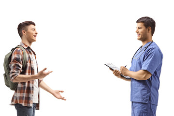 Student talking to a health pratctitioner in a blue uniform