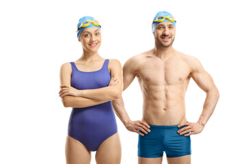 Poster - Swimmers in swimming suits, googles and a cap