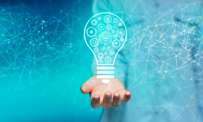 Poster - Innovative Solutions. Unrecognizable woman holding illustrated light bulb with cogwheels inside