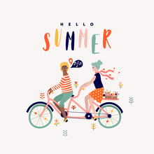 Summer Tandem Bike With Couple Cartoon Illustration
