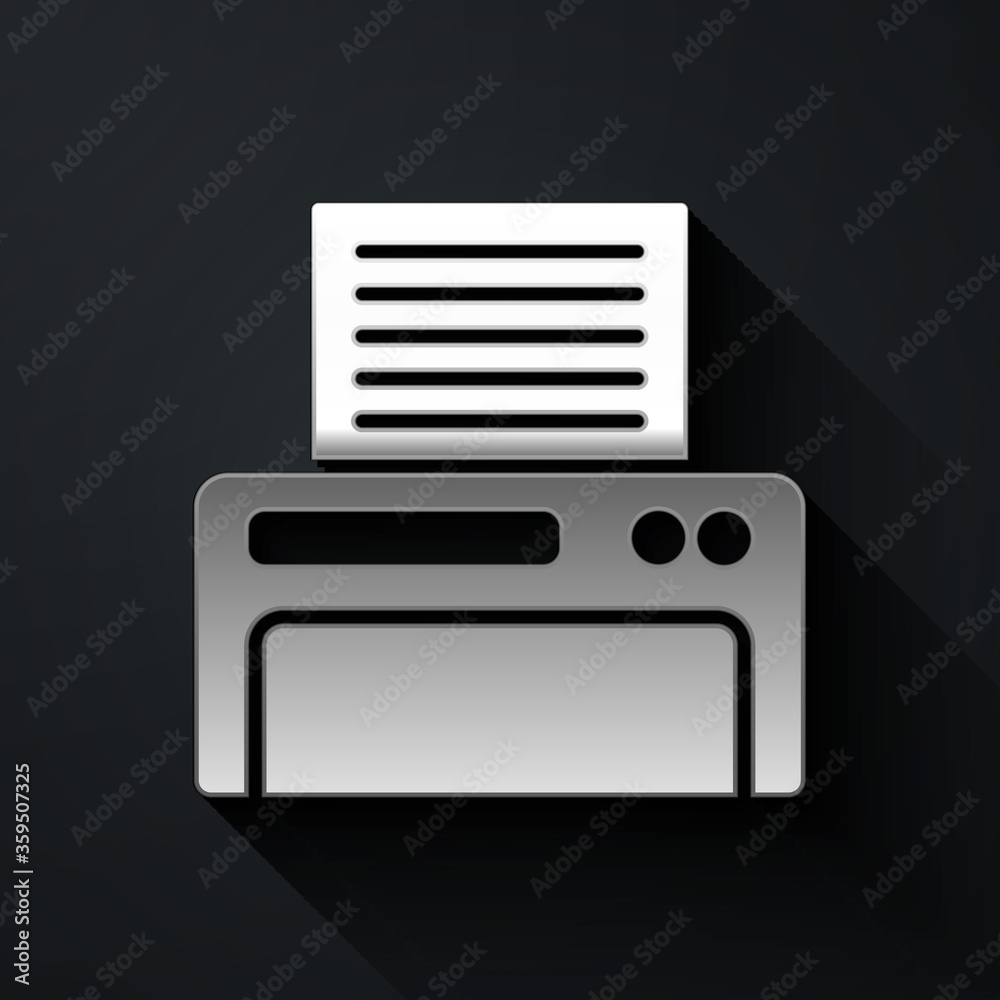 Silver Printer icon isolated on black background. Long shadow style. Vector Illustration