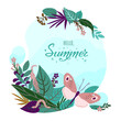 © MySunShine - Colorful summer card or background with hand drawn lettering Hello Summer. Banner with beautiful butterflies, caterpillars, leaves, grass and flowers. Vector illustration.