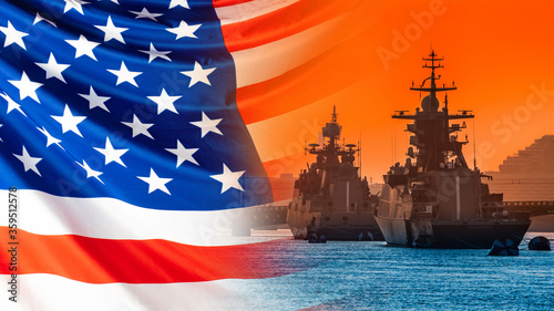 Cuadros en Lienzo Moored warships on the background of the American flag
