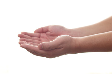 Wall Mural - Hand gesture open up like holding something on palm isolated on white background