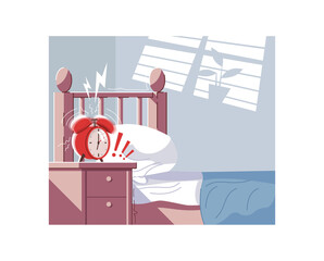 Canvas Print - Morning stress semi flat vector illustration. Bedroom 2D cartoon interior for commercial use. Empty room with ringing alarm clock. Domestic stressful situation, irritability and anger reason