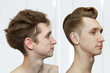 guy before after haircut Concept for a barber shop: the problem man of hair loss, alopecia, transplantation