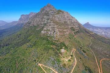 Cape Town, Western Cape / South Africa - 10/25/2018: Aerial photo of Table Mountain Cape Town CBD in the background