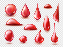 Red Drops Of Red Water, Wine Or Blood Isolated On Transparent Background. Vector Realistic Mockup Of Liquid Drips Of Strawberry Or Cherry Juice, Fruit Drink, Clear Ruby Bubbles