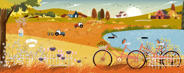 Wall Mural - Autumn landscape with farmhouse and Kingfisher bird standing on bicycle by lake,Vector late Summer in countryside with wood barn, tractor and flowers grass fields on hills.Eco Farming agriculture