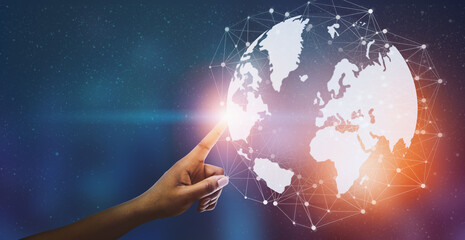 Poster - Global Network And Connection. Hand touching 3D world globe with polygonal wireframe