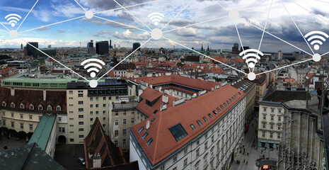 Poster - Panoramic view at european city with wifi connection lines points, 5g technology