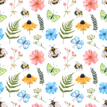 Watercolor Cute Wildflowers Seamless Pattern. Summer Flowers, Grass, Herbs, Butterflies, Honey Bees On White Background. Colourful Botanical Print For Textile, Nursery Design.