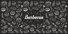 Collection Of Kitchen Elements. Food. Barbecue And Grill Sketches On Board. Drawn Barbecue Elements Around The Text. Grill Time. Roast Meat Grill Chicken Mushroom Steaks Burgers. Bbq Vector