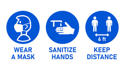 Poster - Round Instruction Signs with Basic Set of Measures against the Spread of Coronavirus Covid-19 including Wear a Mask, Sanitize Hands and Keep Distance 6 ft or 6 Feet. Vector Image.