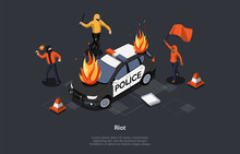 Concept Of Looting. Multi Ethnic Group Of People Break Police Car Throwing Molotov Cocktail. Aggressive Masked Characters Break Law, Make Riot On The Streets. Cartoon Isometric 3D Vector Illustration