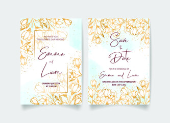  Wedding invitation card, save the date with watercolor background, golden flowers, leaves and branches.
