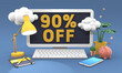 90 Ninety percent off 3d illustration in cartoon style. Online shopping Sale concept.