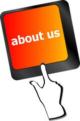Poster - Marketing concept: computer keyboard with word About Us, selected focus on enter button background