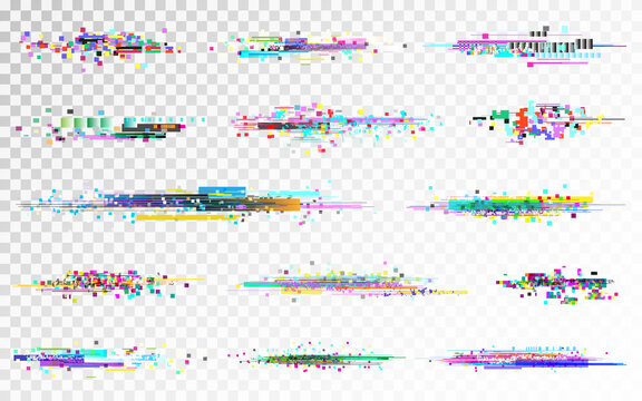 Fototapete - Glitch set on transparent backdrop. Digital distortion collection. Color pixel noise. No signal templates. Video data error. Futuristic disintegration template. Vector illustration