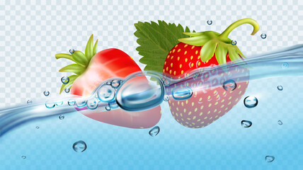 Canvas Print - Realistic transparent isolated vector  with strawberries in water splash and drops. Vector illustration