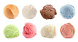 Set with scoops of different ice creams on white background. Banner design