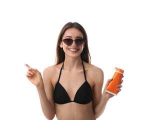 Poster - Young woman with sun protection cream on white background