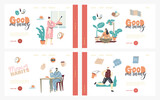 Fototapeta Pokój dzieciecy - Morning Habits. Characters Daily Routine Landing Page Template Set. Man Woman Waking Up, Cook Breakfast, Drinking Coffee. Girl Doing Yoga or Stretching, Man Jogging. Linear People Vector Illustration
