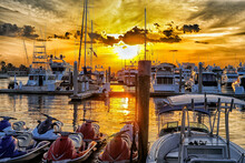 Marina And Dock With Boats Dramatic Sunset