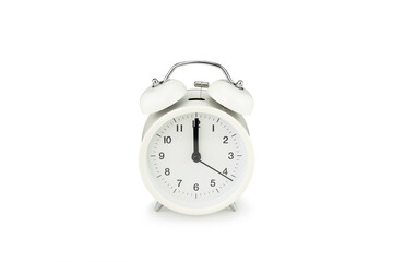 Front side of white retro alarm clock on isolated background.with clipping paths.