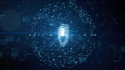 Poster - shield icon of cyber security. digital data network protection. high speed connection data analysis.